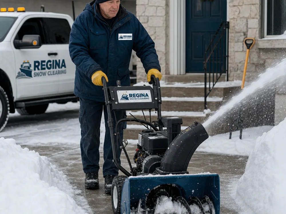 Technician clearing a front walk and steps with a snowblower and shovel, leaving clean sidewalk edges and an open path
