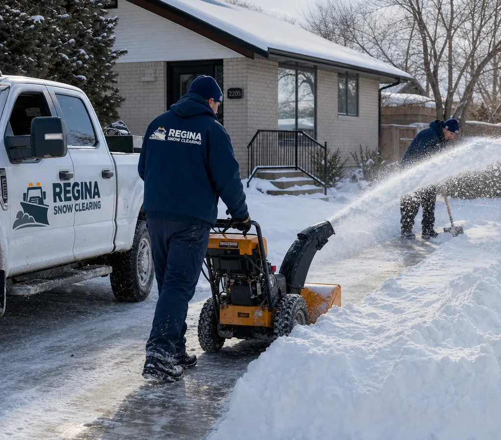 Crew clearing a Regina driveway and front sidewalk after snowfall