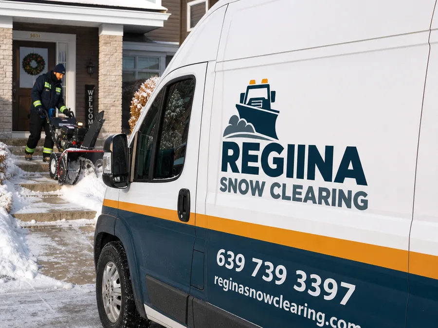 Technician opening a Regina home's walkway and steps with a snowblower